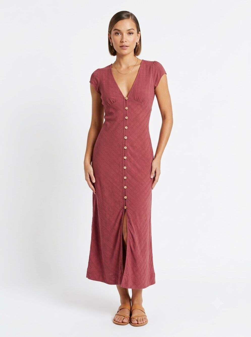Free People New In Town Midi Dress Women's S Berry Red Button Front Cap Sleeve